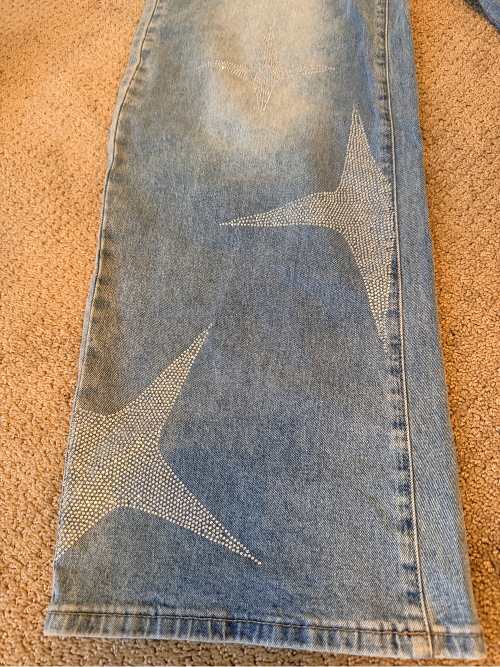 Boutique Light Blue Rhinestone Star-Print Wide Leg Women Jeans - Picture 6 of 9